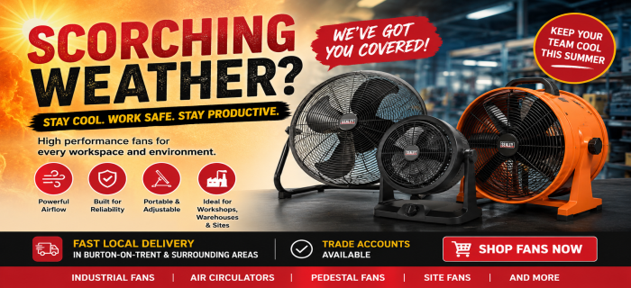 Summer Cooling Fans Promo – Industrial fans, air circulators, workshop cooling fans and warehouse ventilation equipment supplied by Jones and Clark (BOT) Ltd Burton-on-Trent.